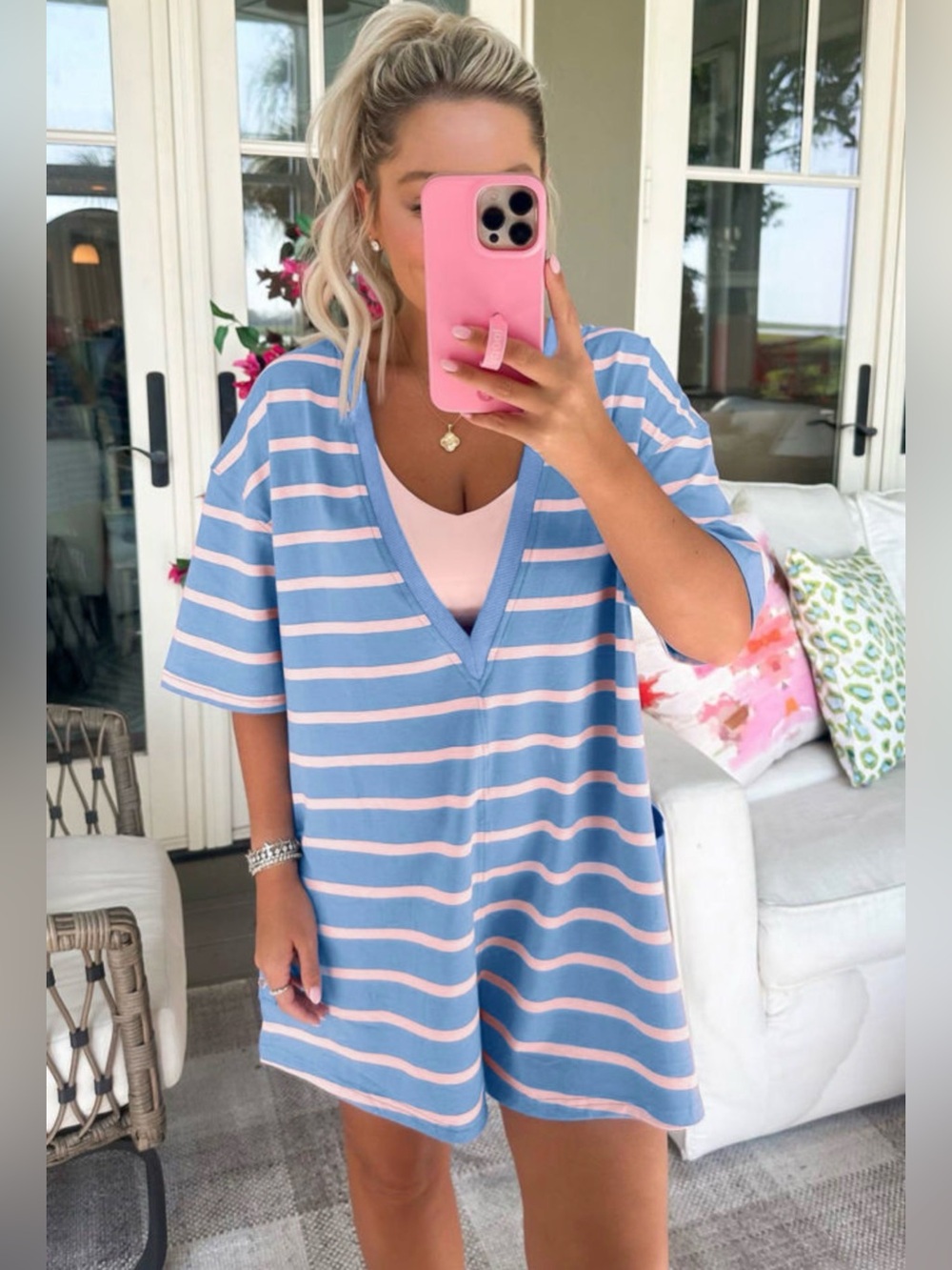 Blue & Light Pink Striped V-Neck romper